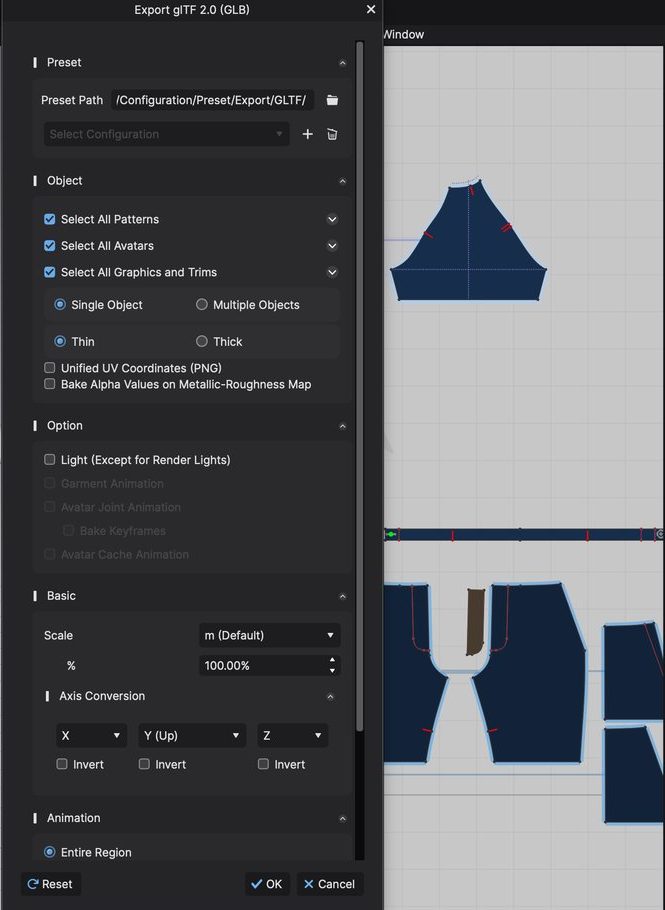 CLO3D export dialog for glTF 2.0 next to the 2D pattern pieces of the kit
